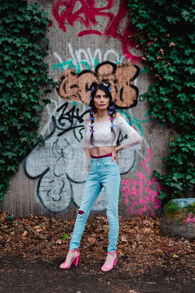 Outdoor brand photo with butterflies and street style edge, captured in Portland.