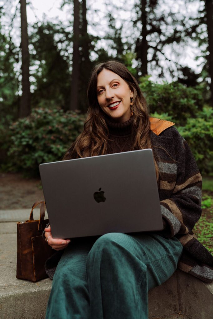 female entrepreneur working outside in relaxed Portland park scene