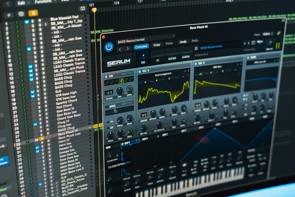 Digital audio workstation interface on screen during music production