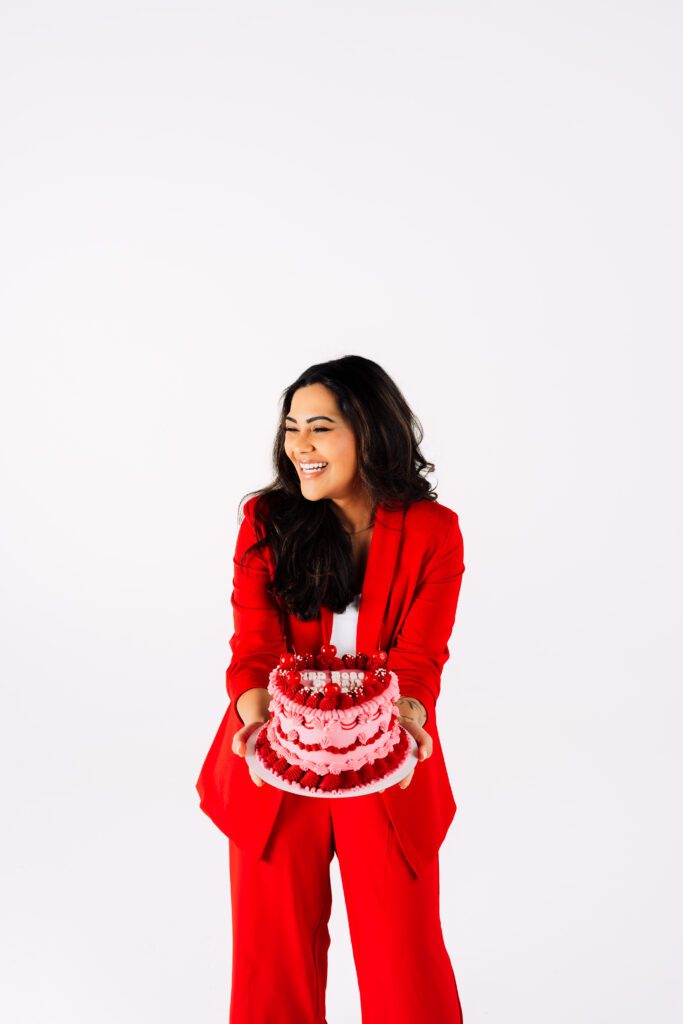 vibrant brand shoot featuring bold red tones and playful expression